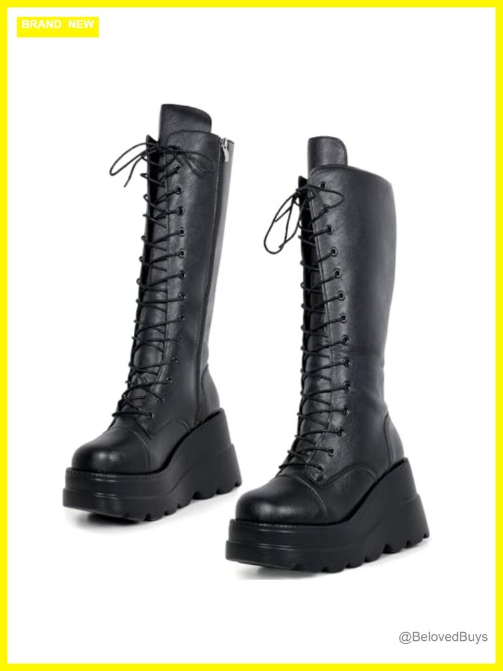 Platform Mid Calf Boots Faux Leather Chunky Heel Lace Up Combat Knee High